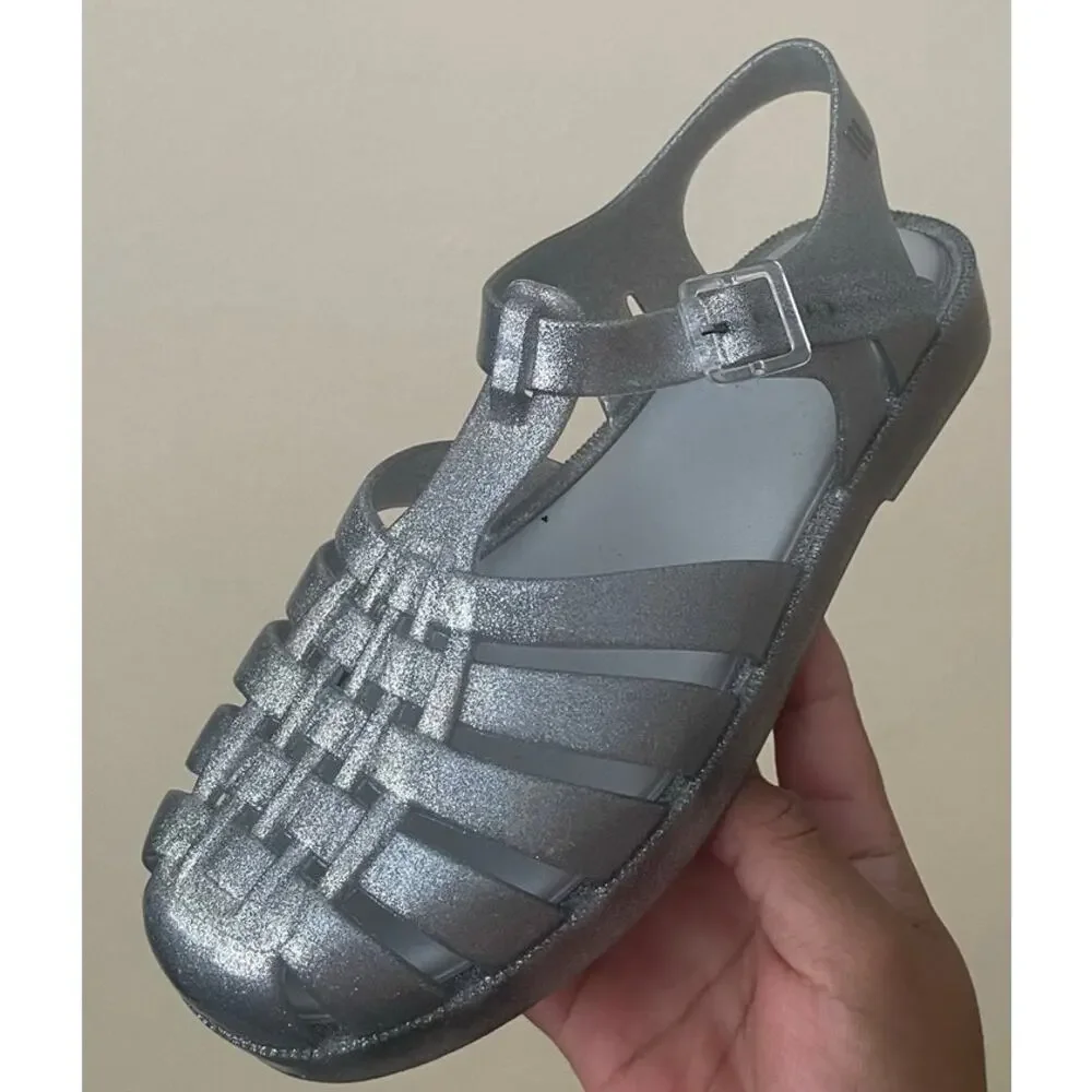 New Melissa Possession Girls Size 5 Silver Glitter Jelly Sandals
